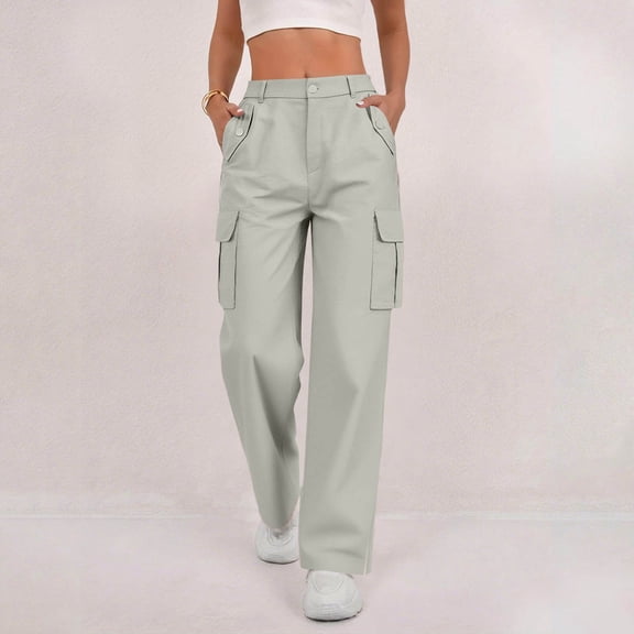 Maqroz Cargo Pants Women High Waist Baggy Stretchy Trousers Wide Leg Straigh Long Pants Side Split Loose Fit Casual Tactical Hiking Pants with 4 Pockets, Gray M