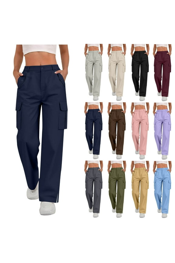 Maqroz Cargo Pants Women High Waist Baggy Stretchy Trousers Wide Leg Straigh Long Pants Side Split Loose Fit Casual Tactical Hiking Pants with 4 Pockets, Navy XL