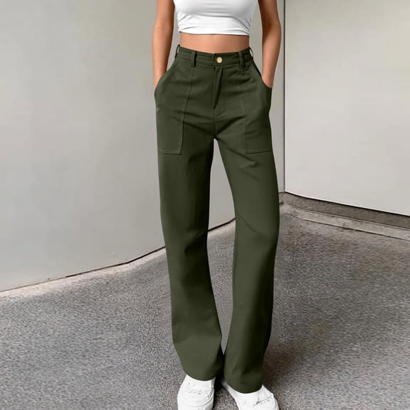 Maqroz Cargo Pants Women Jeans Baggy Stretch High Waisted Chino Pants Straight Leg Y2K Trousers Dressy Casual Work Pants with 4 Pockets Button Closure Front Bottoms Streetwear, Army Green M