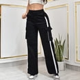 thumbnail image 1 of Maqroz Cargo Pants Women Plus Size Stretch Y2K Striped Straight Leg Pants with Pockets Button Down Elastic Waist Hiking Jogger Pants Baggy Wide Leg Streetwear Black S, 1 of 6