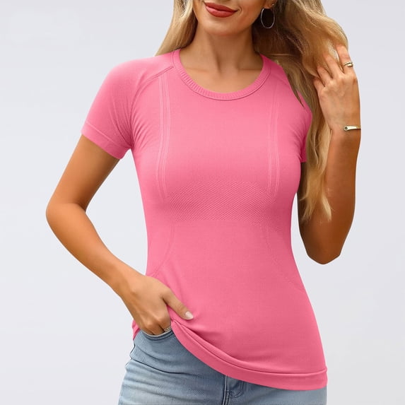 Maqroz Casual Crew Neck Short Sleeve Ribbed T-Shirt Women Solid Color Slim Top Soft Stretchy Basic Tee Summer Cotton Blend Comfy Daily Wear for Sport