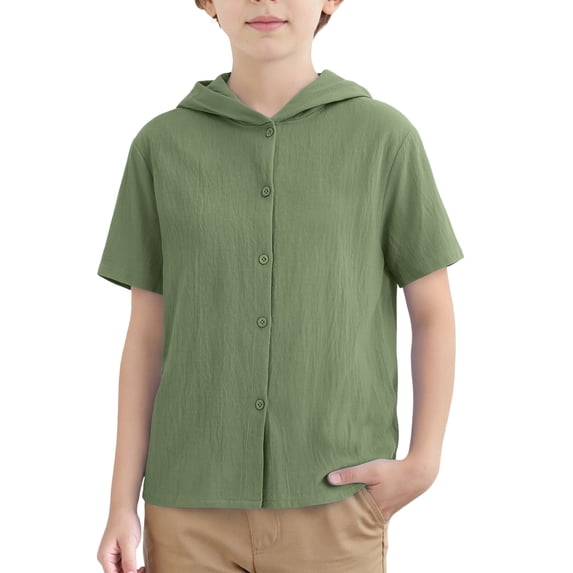 Maqroz Casual Hooded Button Up Shirt for Boys Short Sleeve Button Front Shirts Linen Breathable Lightweight Top for Back To School Relaxed Outfits Size 12 Years