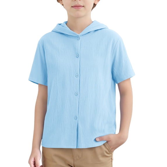 Maqroz Casual Hooded Button Up Shirt for Boys Short Sleeve Button Front Shirts Linen Breathable Lightweight Top for Back To School Relaxed Outfits Size 6 Years