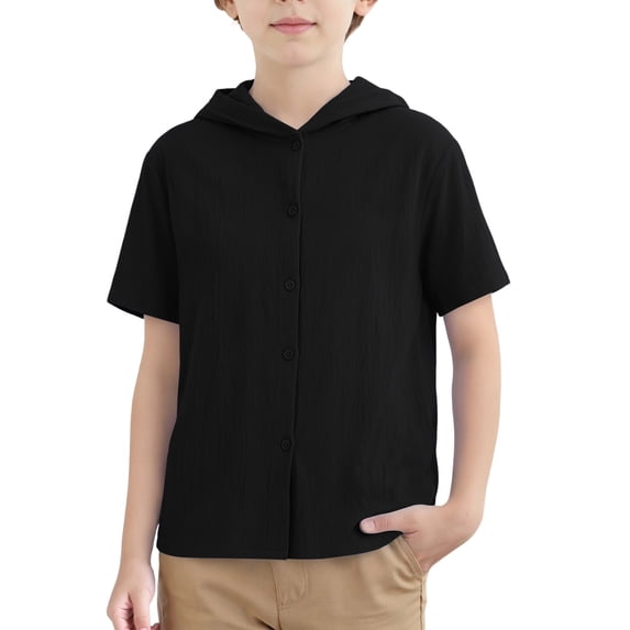 Maqroz Casual Hooded Button Up Shirt for Boys Short Sleeve Button Front Shirts Linen Breathable Lightweight Top for Back To School Relaxed Outfits Size 8 Years