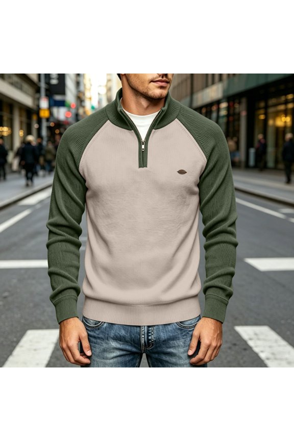 Casual Sweaters for Men Quarter Zip Mock Neck Pullover Color Block Raglan Long Sleeves Contrast Ribbed Knit Jumper Tops Stylish Layering Outerwear Fall Winter Daily Streetwear