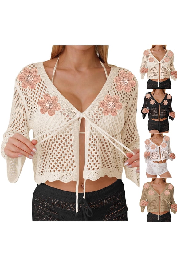 Cover Ups For Women Long Sleeve V Neck Cropped Top Hollow Out Crochet Cardigan Open Front 3D Embroidered Flowers Coverups