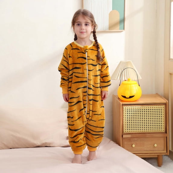 Maqroz Cute Boys Girls Animal Tiger Onesie Long Sleeve Fleece Jumpsuit Winter Warm Pajamas Toddler Cosplay Costume Casual Lounge Sleepwear Holiday Party Outfit