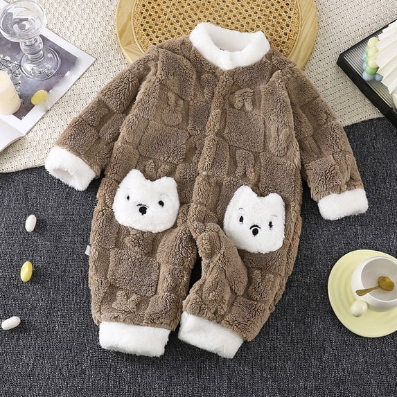 Maqroz Cute Girls Boys Fuzzy Fleece Snowsuit Winter Warm Romper Long Sleeve Hooded Onesie Outerwear Daily Wear Toddler Clothes with Animal Pockets