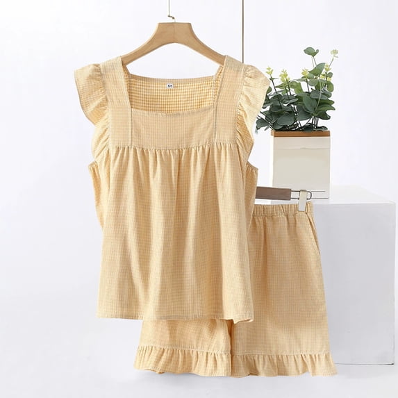 Maqroz Cute Pajama Sets for Women Ruffle Pajama Set Sleeveless Square Neck Tank Top and Shorts Soft Sleepwear Solid Color Nightwear Stylish Loungewear for Summer Comfy Home Wear