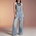 thumbnail image 1 of Maqroz Denim Overalls for Women Loose Fit Plus Size Adjustable Strap Bib Overalls Straight Wide Leg Jeans Baggy Overalls Ripped Distressed Jumpsuits with Pockets Light Blue M, 1 of 7