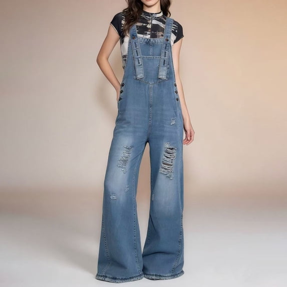 Maqroz Denim Overalls for Women Loose Fit Plus Size Adjustable Strap Bib Overalls Straight Wide Leg Jeans Baggy Overalls Ripped Distressed Jumpsuits with Pockets Dark Blue S
