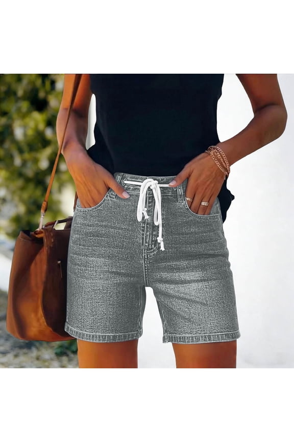 Denim Shorts for Women Pull On Trendy Drawsting Mid High Waisted Stretchy Casual Stretchy Cut Off Jeans Shorts with Pockets Summer Hem Hot Jorts 2026 Gray L