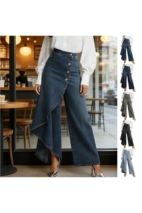 Denim Skirt Pants For Women High Waisted Fashion Culottes Asymmetric Jeans with a Column Of Front Metal Buttons & Unique Split Leg