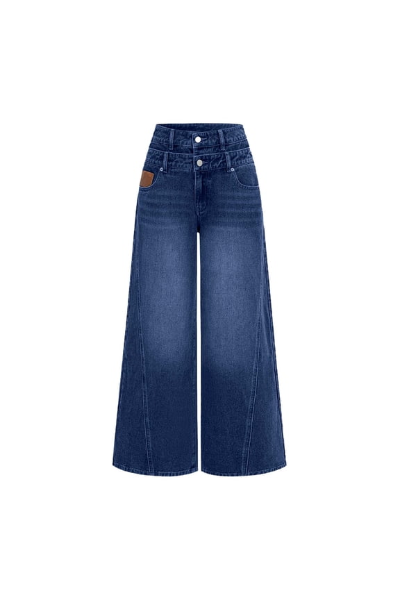 Double Button Closure Flared Denim Pants with Faux Leather Patch Pockets Vintage Style Wide Leg Jeans For Women Casual Daily Wear