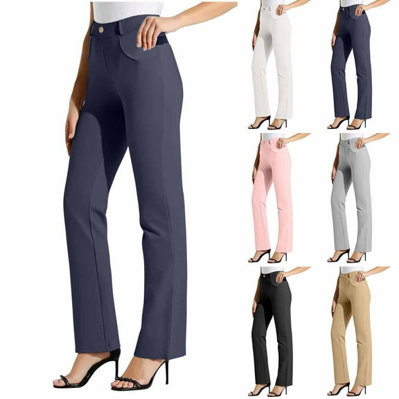 Maqroz Dress Pants Women High Waisted Straight Leg Stretch Trousers Dressy Business Casual Work Pants Formal Interview Pull On Bottoms with Pockets, Black L