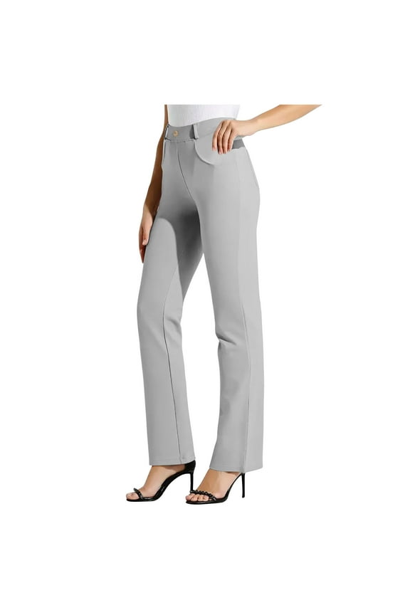Maqroz Dress Pants Women High Waisted Straight Leg Stretch Trousers Dressy Business Casual Work Pants Formal Interview Pull On Bottoms with Pockets, Gray L