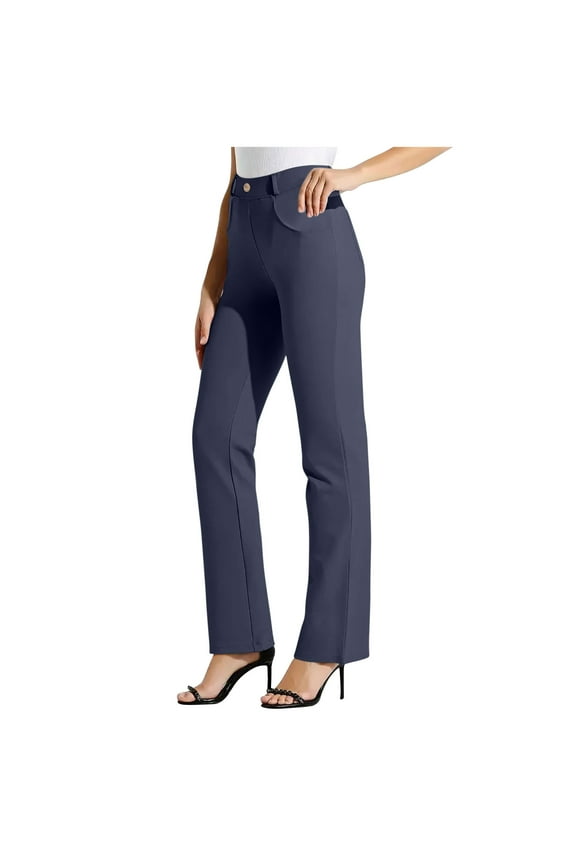 Maqroz Dress Pants Women High Waisted Straight Leg Stretch Trousers Dressy Business Casual Work Pants Formal Interview Pull On Bottoms with Pockets, Navy L