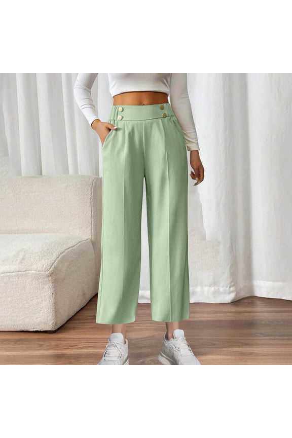 Maqroz Dress Pants Women Wide Leg Work Pants Straight Leg Elastic High Waisted Button Trousers Business Casual Pants with Pockets, Mint Green XL