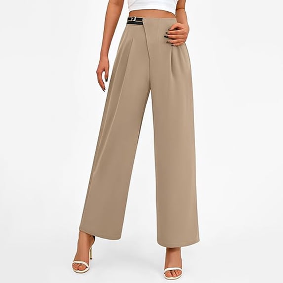 Maqroz Dressy Pants for Women High Waist Straight Leg Pant Solid Color Fashion Pleated Trousers Casual Loose Office Business Holiday with Pockets