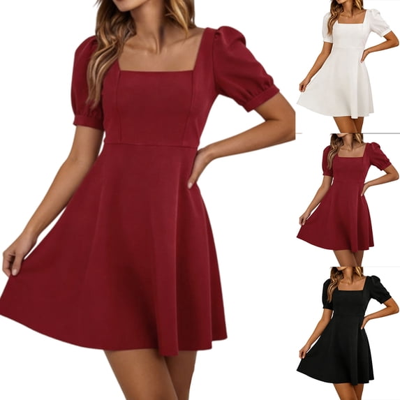 Maqroz Elegant Dresses for Women Solid Square Neck Lace Up Backless Sundress Summer Beach Vacation Wedding Guest Dress Red XL