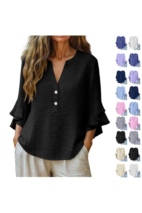 Elegant V Neck Ruffle Three Quarter Sleeve Top Women Solid Color Blouse Loose Flowy Shirt Soft Chiffon Plus Size Spring Summer Daily
