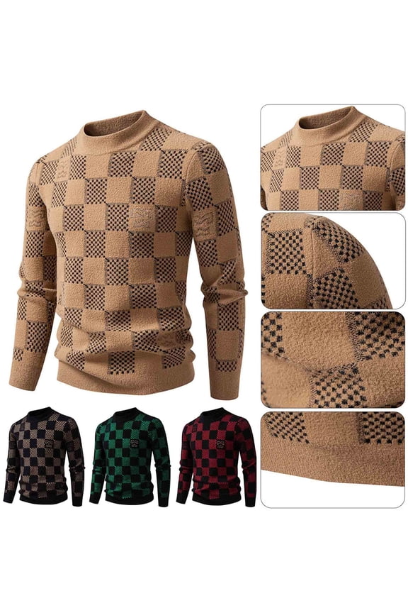 Fashion Sweater for Men Long Sleeve Mock Neck Sweaters Checkerboard Print Pullover Casual Loose Plus Size Pullovers Winter Warm Top