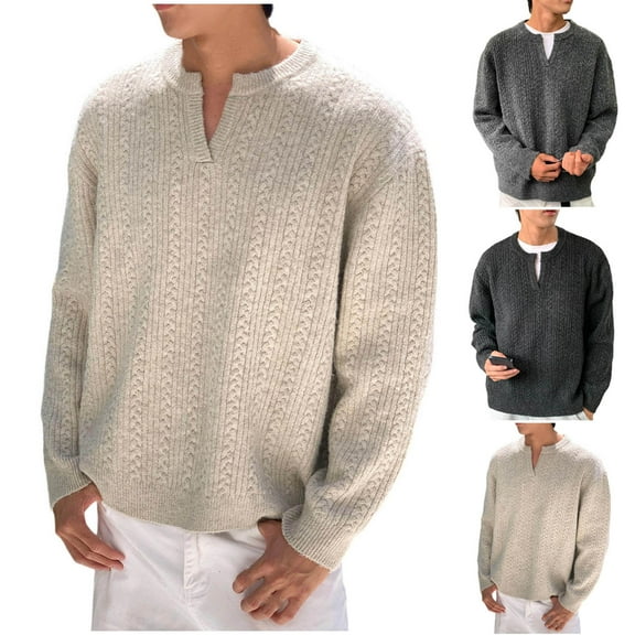 Maqroz Fashion Sweater for Men Long Sleeve V Neck Sweaters Jaquard Chunky Knit Pullover Trendy Solid Color Casual Pullovers Fall Winter Warm Top