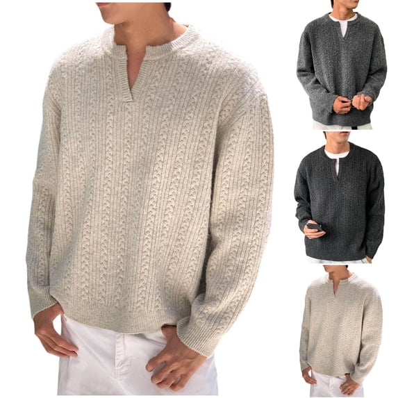 Maqroz Fashion Sweater for Men Long Sleeve V Neck Sweaters Jaquard Chunky Knit Pullover Trendy Solid Color Casual Pullovers Fall Winter Warm Top