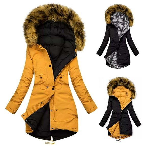 Maqroz Fleece Lined Jacket Women Warm Thick Down Coats Knee Length Thermal Quilted Coats Heavy Winter Coats Zip Up Cozy Heavyweight Parka Zipper Pockets Outerwear, Yellow M