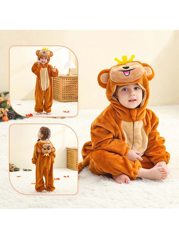 Funny Toddler Monkey Onesie Kids Animal Jumpsuit Long Sleeve Hooded Pajamas Cosplay Costume Winter Warm Sleepwear Boys Girls Party Outfit Playwear