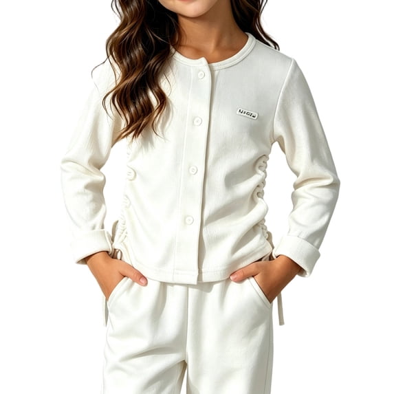Maqroz Girls Cardigan Sweaters Button Down Long Sleeve Jackets Round Neck Tops with Ruched Side Drawstrings Casual Fall School Outerwear for Kids