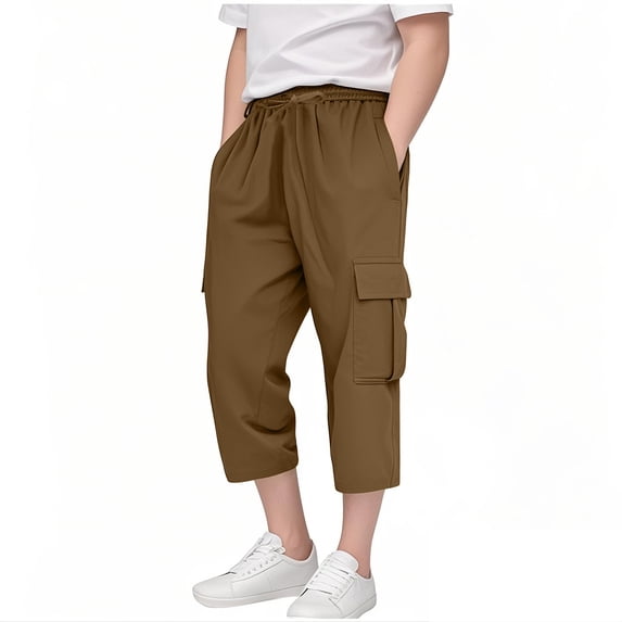 Maqroz Girls Cargo Capri Pants Elastic Waist Solid Color Casual Bottoms with Large Pockets Loose Fit 5-14 Years