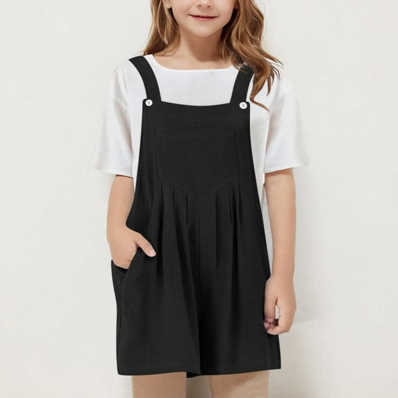 Maqroz Girls Casual Short Overalls Solid Color Romper Sleeveless Jumpsuit with Pockets Black,7 Years