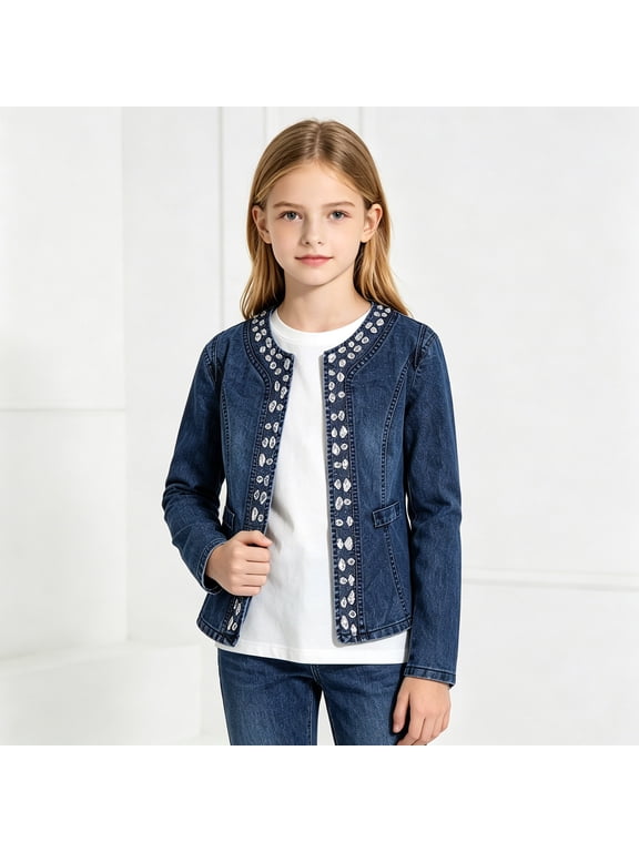 Girls Demin Coats Ombre Button Down Shirt Jacket Youth Fall Casual Transition Outerwear Children Dip Dye Long Sleeve Hotfix Crystal Shacket with Chest Pocket Size 12-17 Years