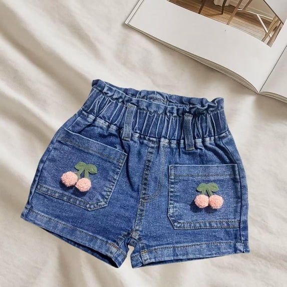 Maqroz Girls Denim Shorts Elastic Waist with Lace Floral Print Casual Summer Shorts Solid Color Comfortable 1-8 Years