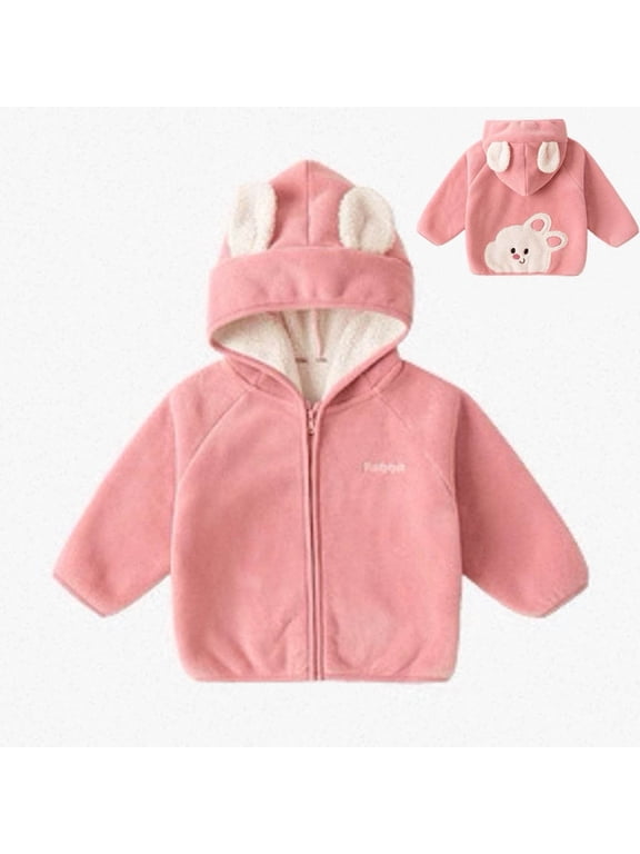 Girls Fleece Lined Winter Coats Long Sleeve Zip Up Hooded Outerwear Cute Bunny Print Jacket with Ears Pink,1-2 Years