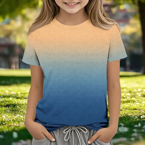 Maqroz Girls Gradient Jacquard Top Short Sleeve Textured Print Summer Soft Breathable Tee Trendy Clothes 3-12 Years