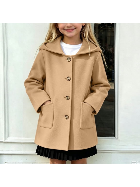 Girls Hooded Trench Coat Single Breasted Button Down Winter Thicked Warm Outerwear Mid Length Overcoat Casual Preppy Style Jacket for Kids with Large Pockets, (Khaki,4-5 Years)