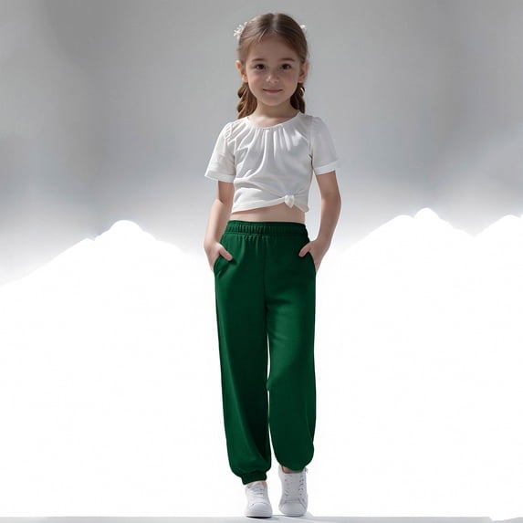 Maqroz Girls Joggers Elastic Waist French Terry Sweatpants Tapered Leg Casual Sports Running Trousers 3-14 Years