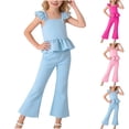 thumbnail image 1 of Maqroz Girls Outfits Sets 2 Pieces Ruffle Sleeves Square Neck Top Elastic Waist Flare Leg Pants Cute Lightweight Spring Summer Outfit Size 5-14Y, 1 of 7