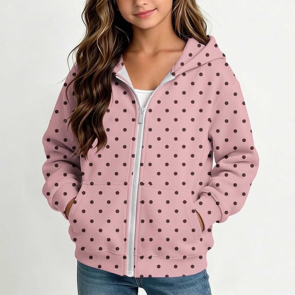 Maqroz Girls Polka Dots Jackets Cute Print Hoodie Jacket Long Sleeve Zip Up Casual Fall Winter Trendy Outerwear with Pockets Pink,10-11 Years