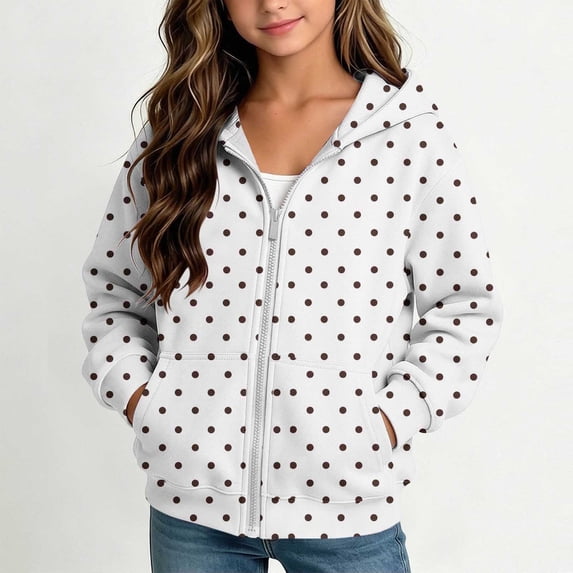 Maqroz Girls Polka Dots Jackets Cute Print Hoodie Jacket Long Sleeve Zip Up Casual Fall Winter Trendy Outerwear with Pockets White,4-5 Years