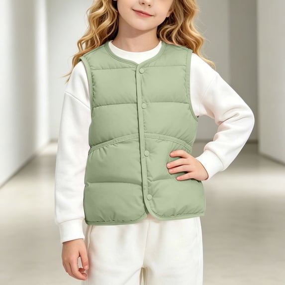 Maqroz Girls Puffer Vests Kids Sleeveless Winter Coats Crewneck Snap Button Down Outerwear Lightweight Warm Padded Clothing for School and Outdoor Play