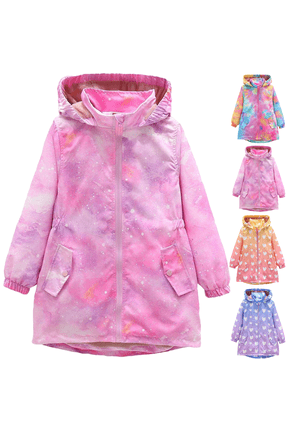 Girls Rain Jackets Waterproof Hooded Fleece Lined Raincoats Full Zip Hearts Graphic Lightweight Windbreakers for Kids Cozy Travel Hiking Jackets with Pockets