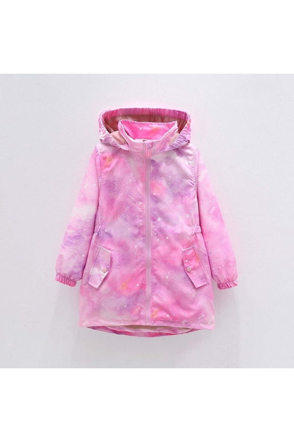 Girls Rain Jackets Waterproof Hooded Fleece Lined Raincoats Full Zip Hearts Graphic Lightweight Windbreakers for Kids Cozy Travel Hiking Jackets with Pockets