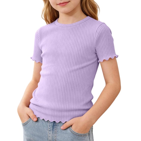 Maqroz Girls Ribbed Knit Scallop Hem Top Summer Fitted Crewneck Soft Stretchy Tee Casual School Shirts 5-16 Years