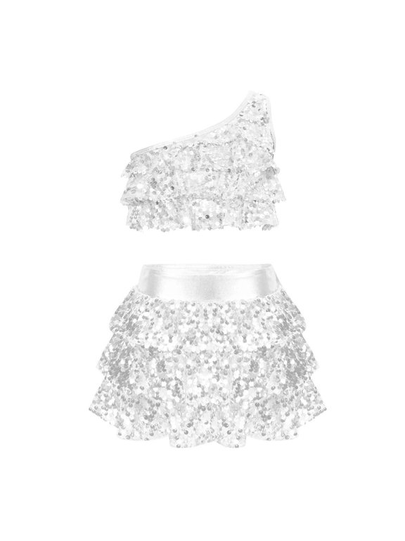 Girls Sequin Sparkle Sleeveless Hip Hop Top and Skirt Dance Outfit 2-14 Years
