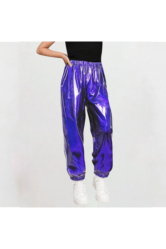 Girls Shiny Metallic Joggers Hip Hop Dance Pants High Waist Holographic Trousers Streetwear Performance Clubwear Liquid Look Blue,4 Years