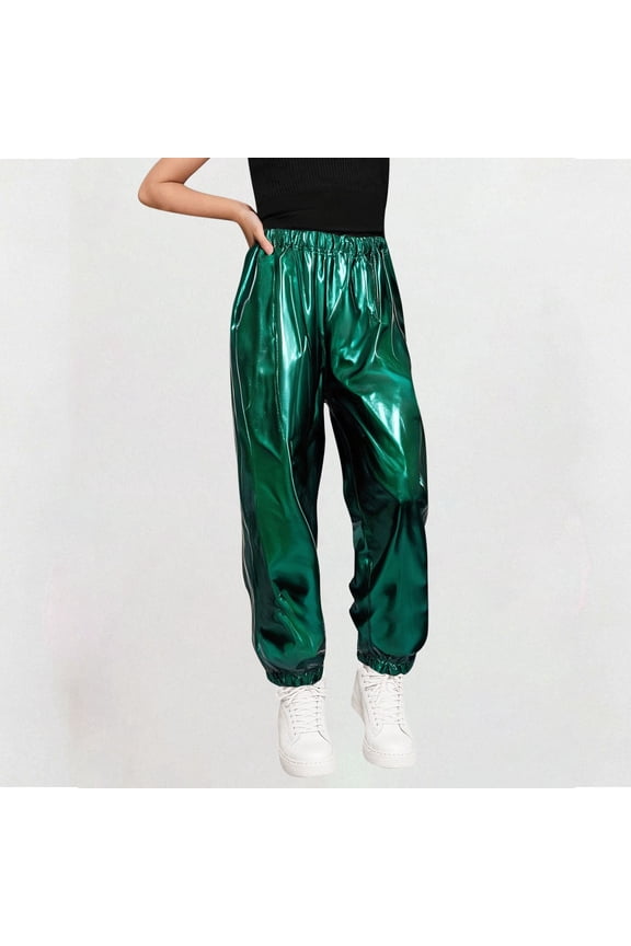 Girls Shiny Metallic Joggers Hip Hop Dance Pants High Waist Holographic Trousers Streetwear Performance Clubwear Liquid Look Green,4 Years