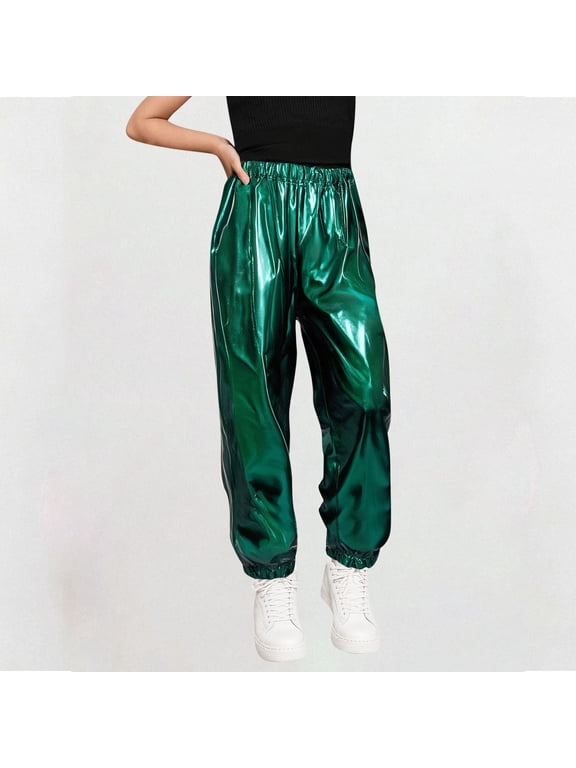 Girls Shiny Metallic Joggers Hip Hop Dance Pants High Waist Holographic Trousers Streetwear Performance Clubwear Liquid Look Green,4 Years
